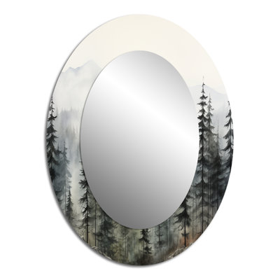 Pine Tree Misty Mountain II - Green Oval Wall Mirror Decor