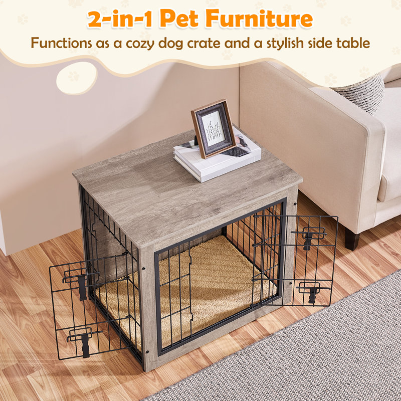 Dog Crate Furniture with 2 Doors, Grey/Black, 61cm H x 69cm W x 51cm D