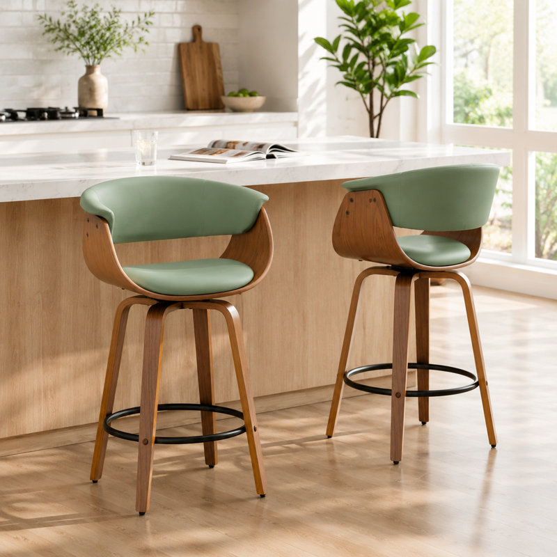 Modern Upholstered Swivel 26'' Counter Stools, Wood Kitchen Island Stools with Footrest, Green