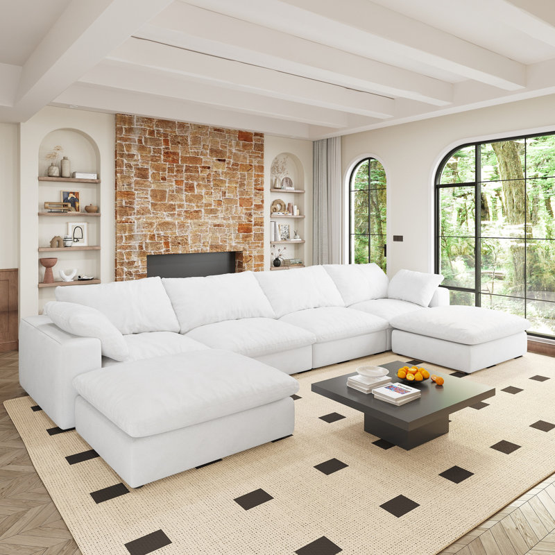 Canapé modulaire rembourré en U 160,6 po en forme de U - Cloud modulaire avec 2 repose-pieds de rangement pour un salon à 6 places, siège confortable blanc,