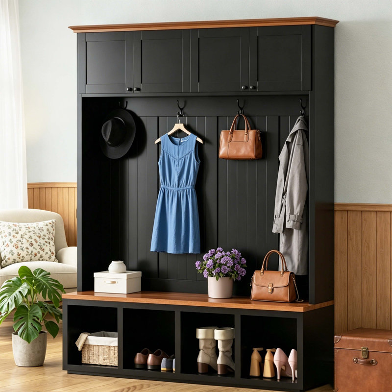 Farmhouse 4-in-1 Entryway Hall Tree with Cabinets, Shoe Bench and Hooks, All-in-One Mudroom Organizer, Black