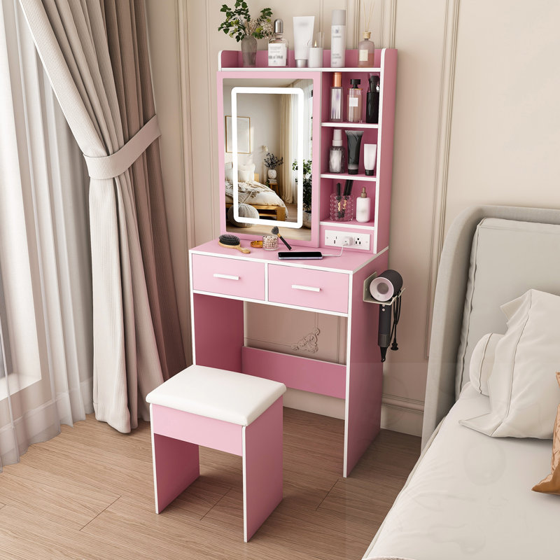 Bureau de meuble-lavabo ajustable avec lumières DEL et miroir avec prise de courant, rangement caché et tabouret