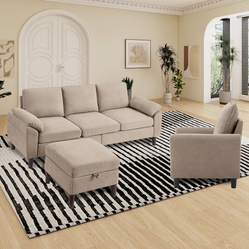 Ensemble de salon 3 pièces avec canapé et chaise de rangement Lezley, Mélange de polyester beige