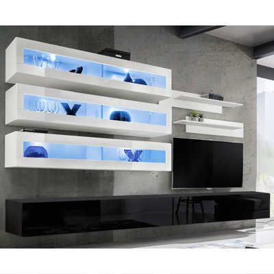 Voelker 126" Modern Floating Wall Mounted Entertainment Center with 16-Color LED Lighting, High Gloss Finish