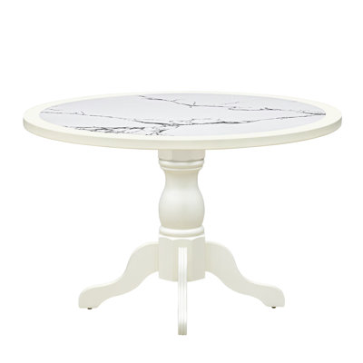 5-Pc Mid Century Dining Set Include a Dining Table with Veined Marble Pattern Tabletop and 4 white Linen Fabric Chairs, Linen white