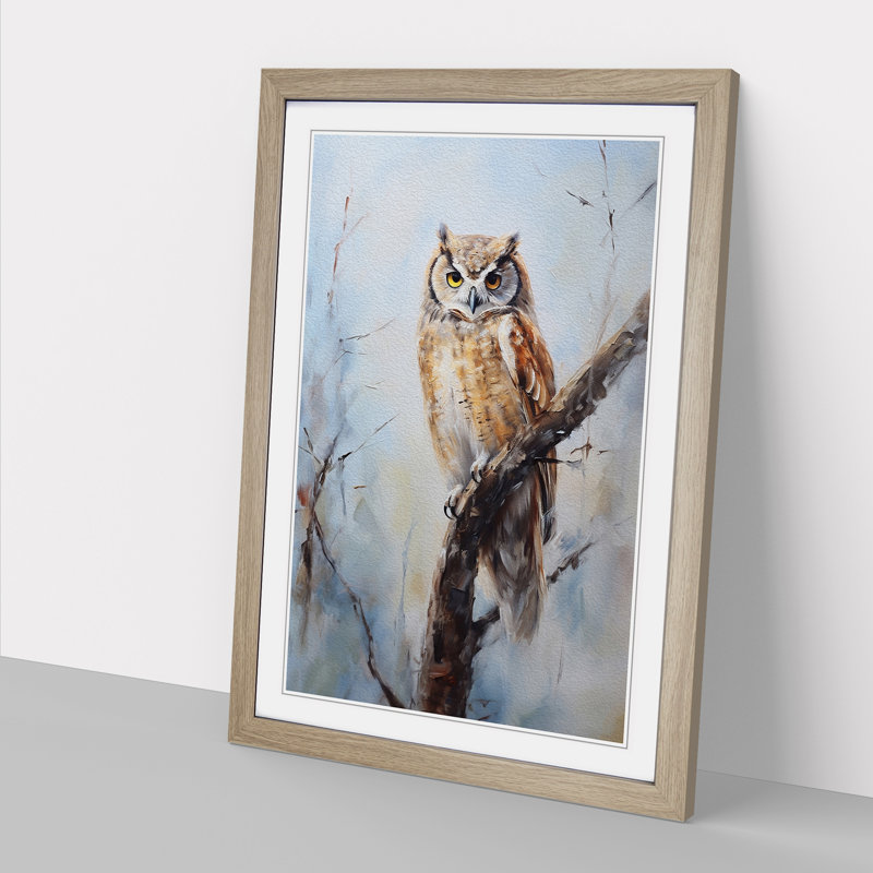Owl Gestural - Single Picture Frame Print on Wood, Oak Framed, 34cm H x 25cm W x 2cm D