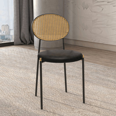 Chaise d'appoint en cuir Aide avec dossier en rotin et pieds en métal noir - Chaise boho Mid-Century pour la cuisine et la salle à manger