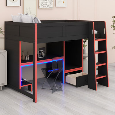 Wood Gaming Loft Bed With Built-In Desk, Wardrobe, LED And A Drawer