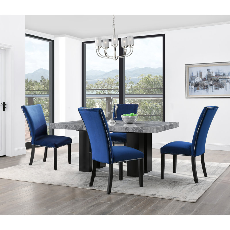 Anxhela Marble Top Four Leg Dining Set, 5 Pieces: Table, 4 Chairs, Blue