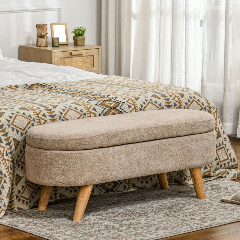 Banc de rangement rembourré et rembourré en polaire beige de 43,3 po avec rangement caché, pieds en bois