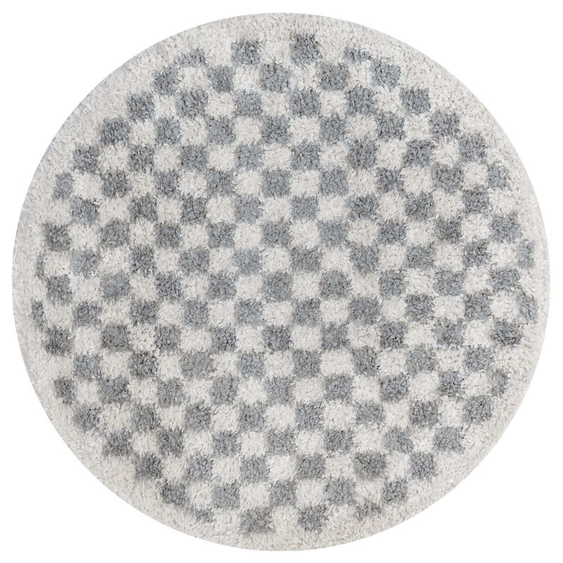 Moodi Modern Shaggy Area Rug Checkered Design, Off-White/Grey, Round 120 cm