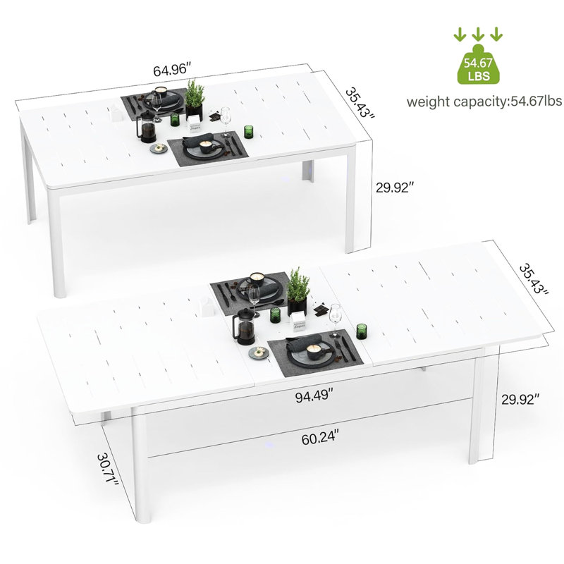 White Expandable Patio Table For 6-8, Rectangular Metal Aluminum, , Easy To Assemble And Clean Hastily 6-8 Person Dining Table, , Smoothly