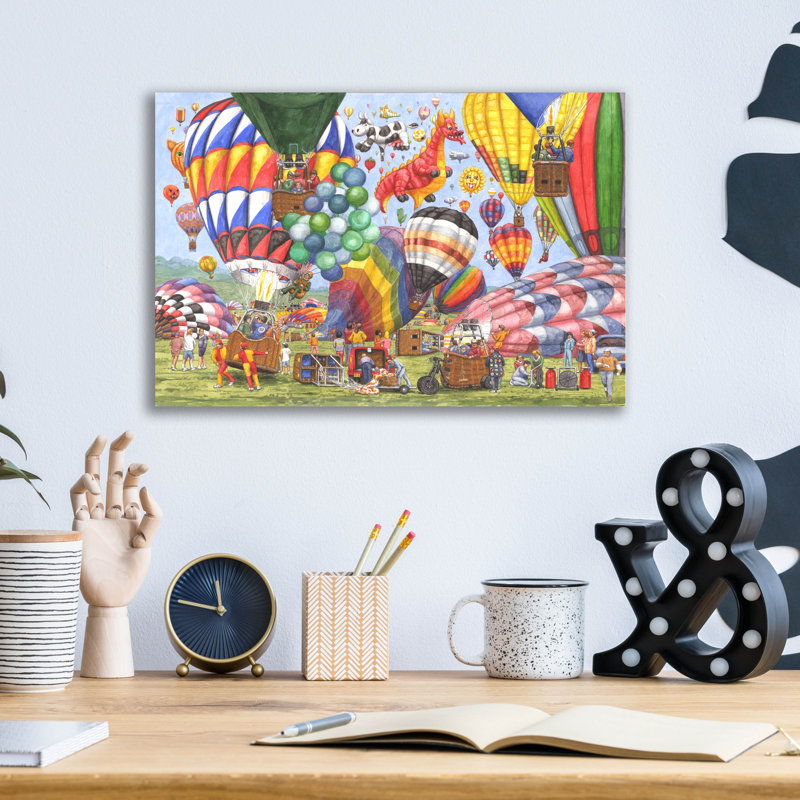 Art mural en verre en acrylique «Balloon Festival Cadre Out with Cow and Dragon» par Gale Pitt, 16 po x 12 po
