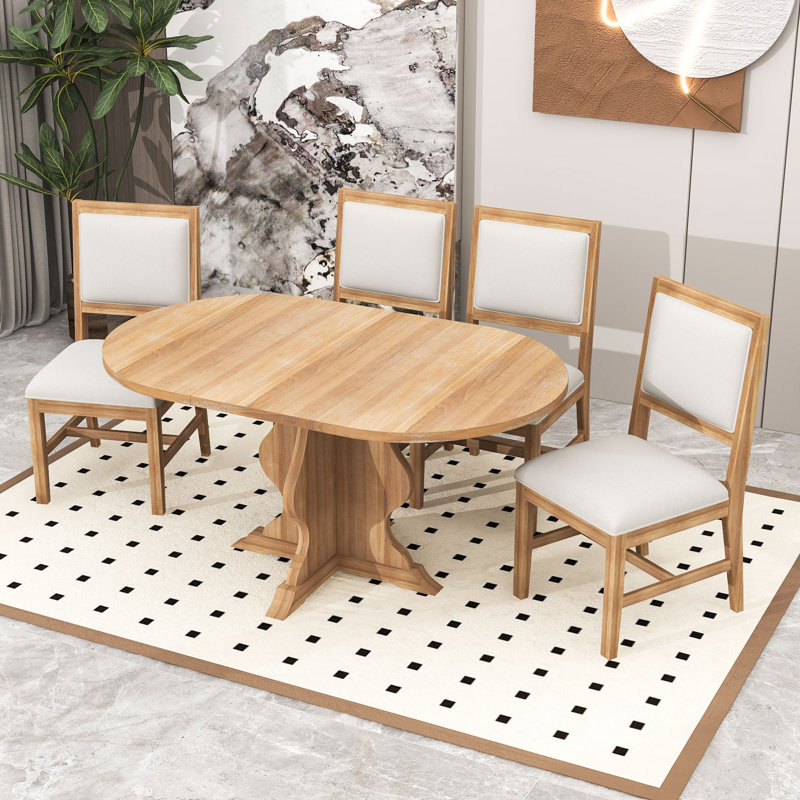 Ensemble de table de salle à manger 5 pièces, table extensible rustique avec rallonge amovible et 4 chaises rembourrées