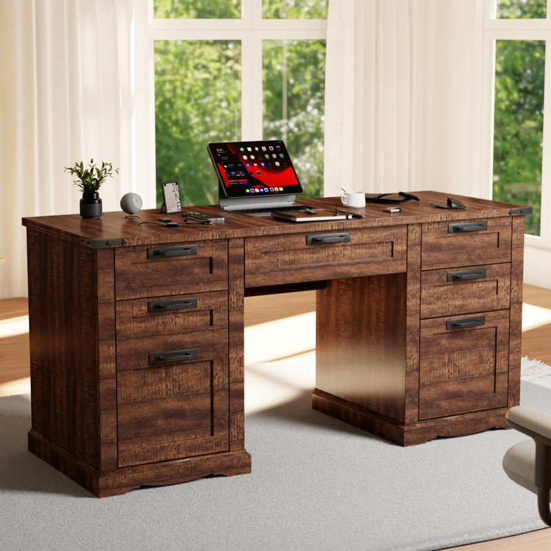 60" Farmhouse Executive Desk With Drawers,wood Home Office Desk With Charging Station, Brown