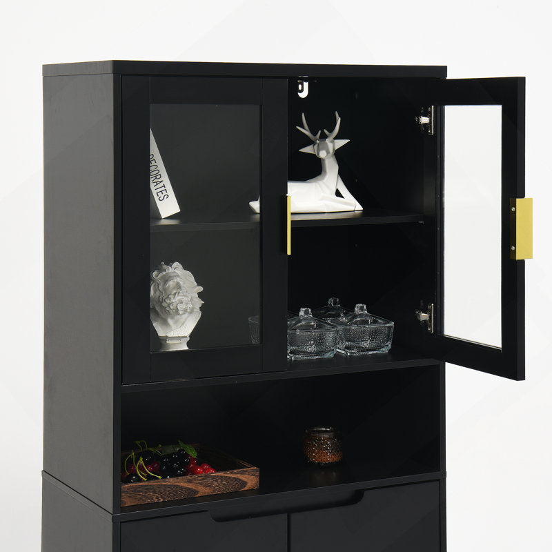 Grande armoire de rangement avec 2 portes vitrées et 2 portes, grande armoire de cuisine, Brown