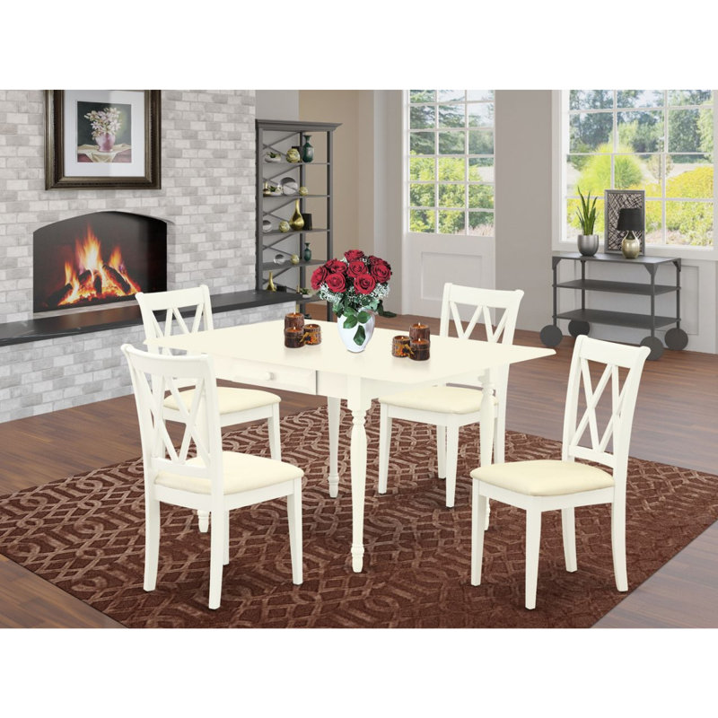 5 Piece Kitchen Table Set for 4 Includes a Rectangle Dining Room Table with Dropleaf and 4 Linen Fabric Dining Chairs, Linen White