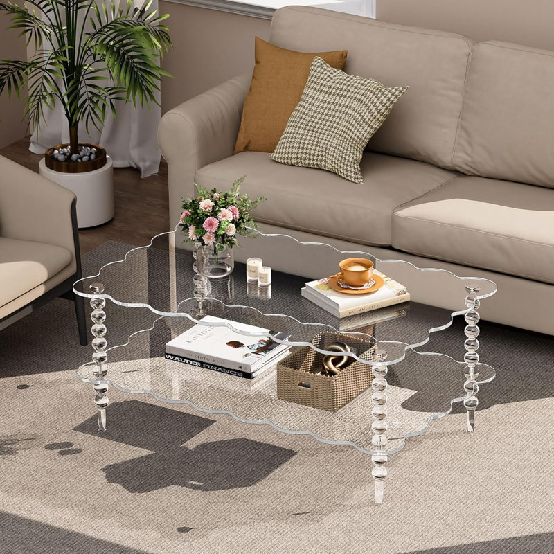 Acrylic Coffee Table, 2-Tier Living Room Table With Storage, Center Table Mid-Modern Century For Living Room, Easy To Assemble (Glear, 37.8“×23.6“×15.7”)
