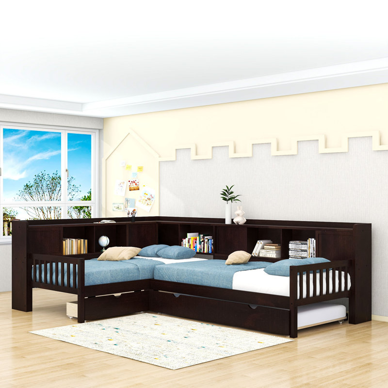 Wooden Platform Bed with Trundle and Shelves and 1 Drawer, Espresso