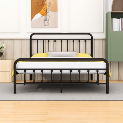 Metal Platform Bed Frame, Victorian Style Headboard/Footboard/Under Bed Storage/No Box Spring Needed/Queen Size Black
