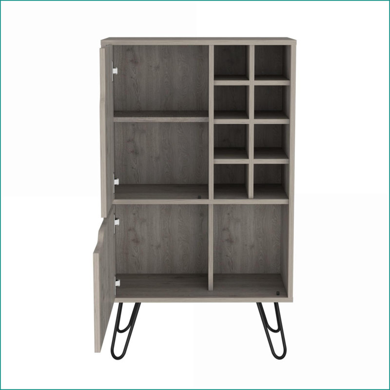 Bar, forme de L moderne avec 8 casiers à vin, 2 armoires à une porte | Gris clair | Panneau de particules