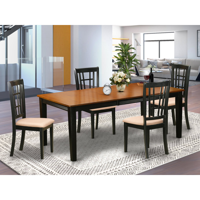 L'ensemble de table de cuisine 5 pièces pour 4 personnes comprend une table de salle à manger rectangulaire avec rallonge papillon et 4 chaises de salle à manger en tissu de lin, noir et cerise