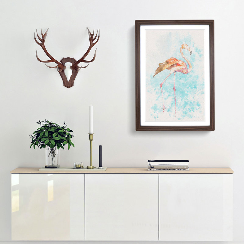 Flamingo Bird Watercolour - Picture Frame Graphic Art, 33cm H x 24cm W x 2cm D, Walnut Framed