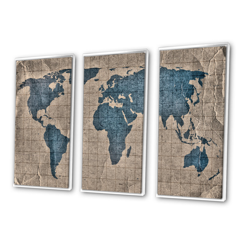 Ancienne carte du monde I - 3 pièces sur toile, cadre flottant, H 20 po x l 36 po, Blanc