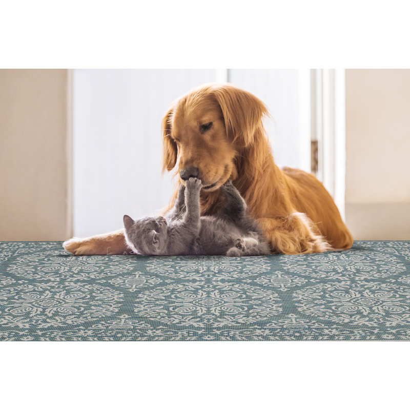 Tapis oriental bleu / gris en polypropylène tissé à la machine Rectangle, Rectangle 7 pi 10 po x 10 pi 9 po