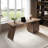 Modern Luxury Walnut Finish Desk With Storage Drawers And Built-In Power Outlets Home Office Study Workstation