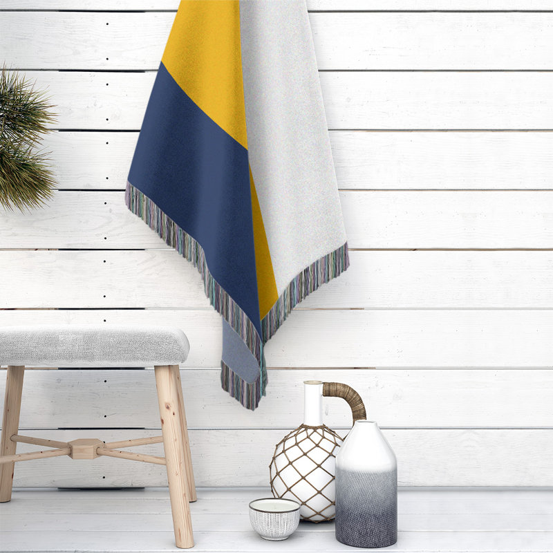 Hand Woven Throw Blanket, 50" W x 60" L, Navy Blue/Gold/White