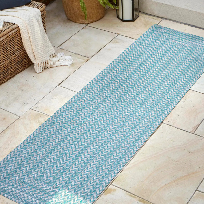 Chevron Modern Concentric Squares Aqua/Light Gray Indoor/Outdoor Rug, Runner 2' x 8'