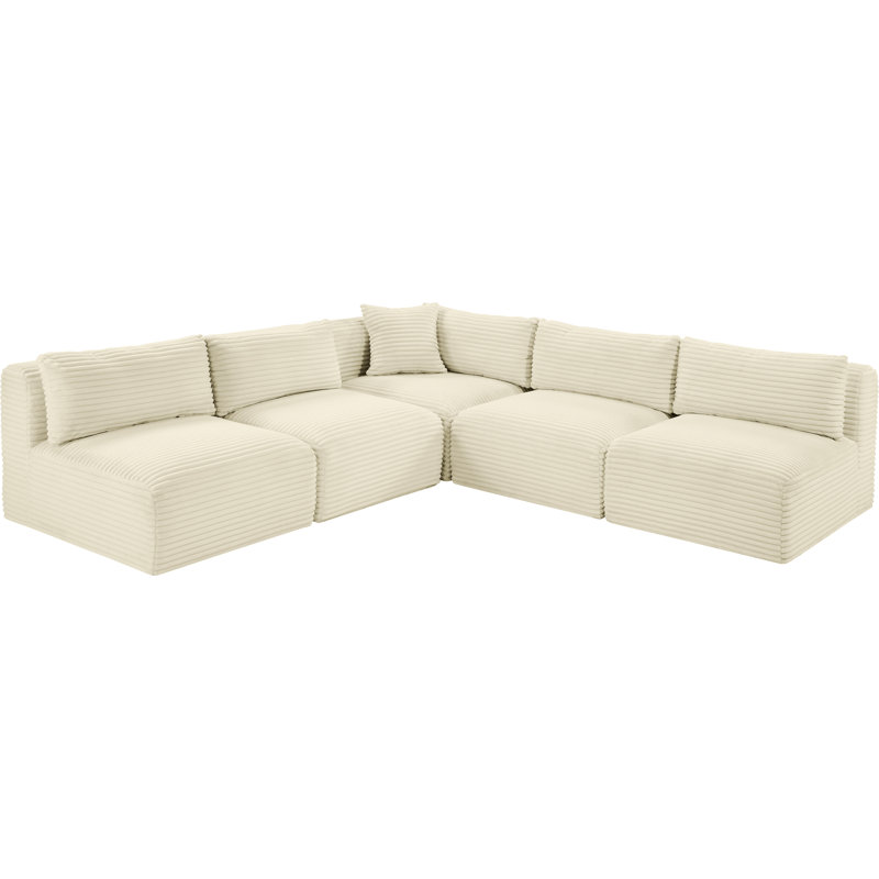 Canapé modulaire en L Carmean Performance, Velours côtelé texturé crème, 4 sans accoudoirs, 1 en coin