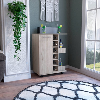 Rolling Bar Cart with Two External Shelves, a Single Door and Six Built-In Wine Rack