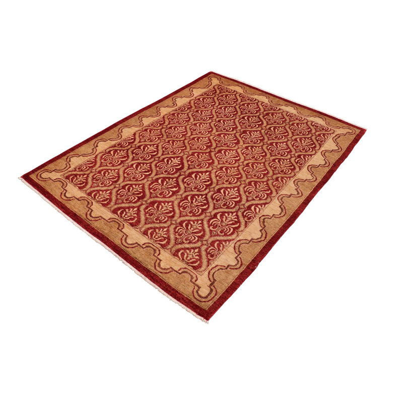 Tapis bourgogne / beige en laine noué à la main à motif géométrique 6 pi x 8 pi 1 po Braud