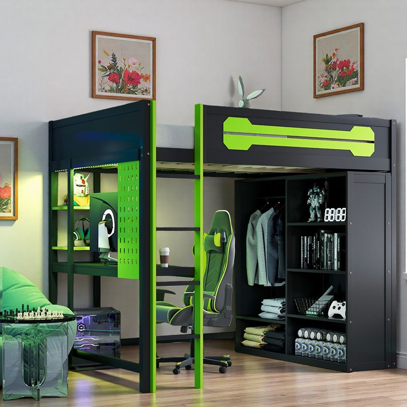 Lit mezzanine en bois avec bureau, garde-robe ouverte et lumière RVB, Rouge / Noir