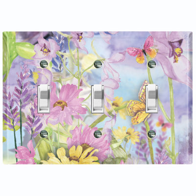 Purple Magnolia Flowers Butterfly Lavender Sky 3-Gang Toggle Light Switch Wall Plate