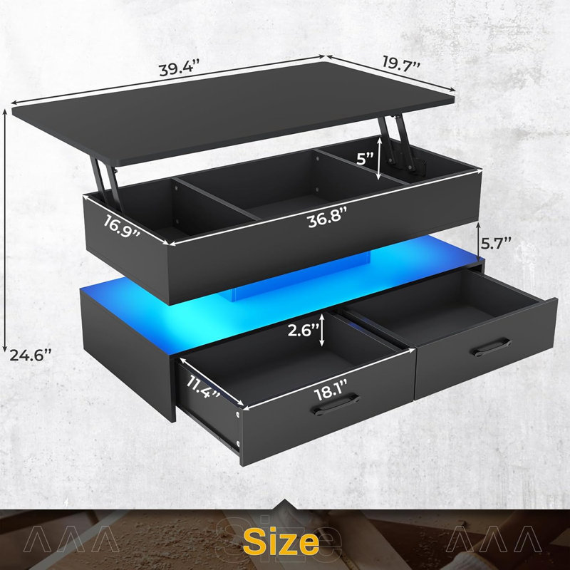 Black Metal Rectangular Lift-Top Coffee Table with Storage and LED Lights
