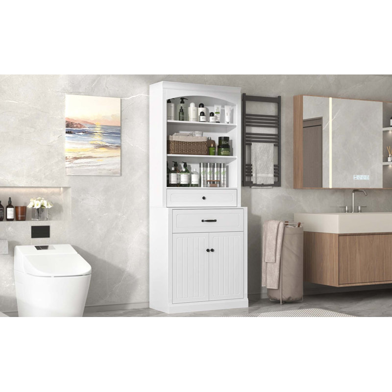 Armoire de rangement pour salle de bain avec deux portes, tiroirs, tablette réglable et trois tablettes ouvertes - Fabrication en panneau de fibres à densité moyenne durable