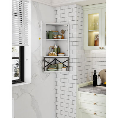 Armoire de salle de bain murale - blanche et noire - Armoire à pharmacie d'angle, murale, tablette ouverte et tablette réglable, rangement compact pour la salle de bain, la cuisine, le salon