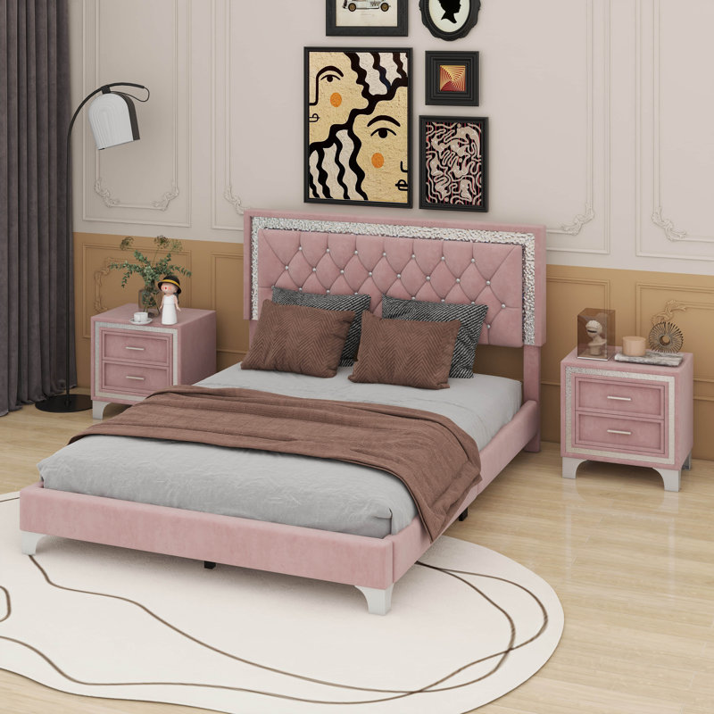 Grand lit plateforme tapissier Keilei avec lumières DEL et deux tables de chevet, Rose
