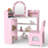 Corner Kids Vanity with Lights, 3 Storage Shelves, 5 Open Compartments, Accessories Pink + White-1070421096
