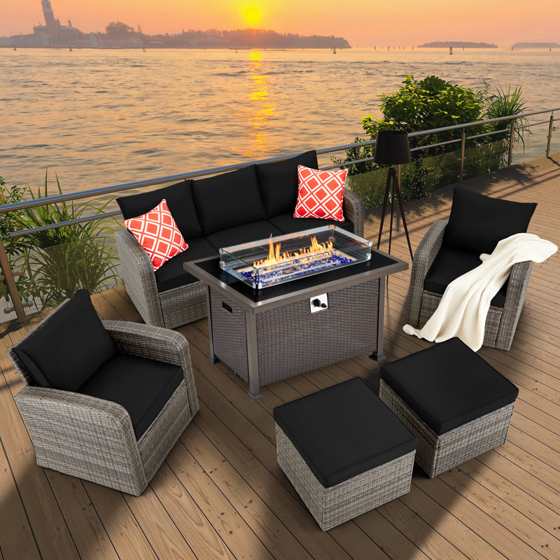 Wicker/Rattan 7 - Person Seating Group with Fire Pit Table, Black
