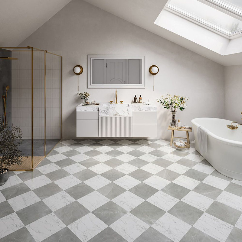 Tuscany Checkerboard 12X12 Marble Look Porcelain Tile, Gray/White