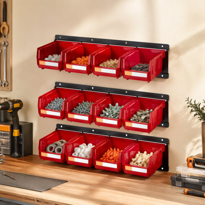 Bacs de rangement muraux, 12 bacs en plastique et 3 rails en métal, bac de rangement empilable en plastique pour vis, écrous, boulons, clous, organisateur d'outils de quincaillerie pour atelier, salle d'artisanat, garage, rouge
