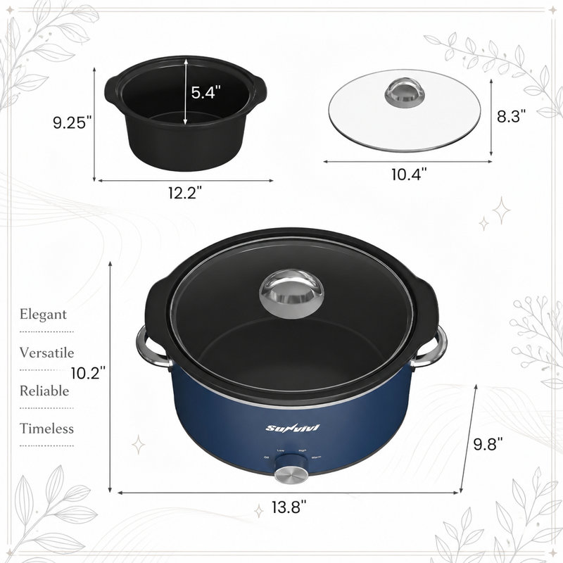 4 Quart Slow Cooker and Mini Food Warmer with 3 Heating Settings, Removable Ceramic Pot, Glass Lid, Stainless Steel, Blue