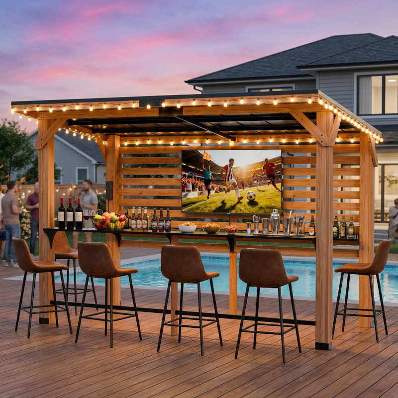 8Ft x 10Ft Solid Cedar Wood Bar Gazebo with TV Mount – Outdoor Entertainment Pergola for Backyard