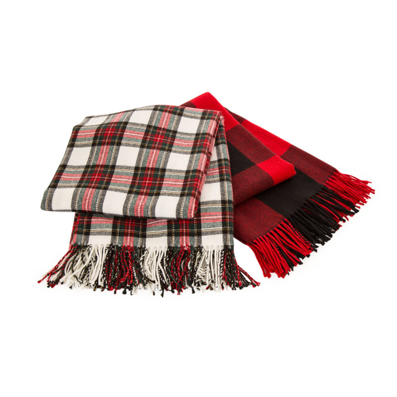 Red and White Plaid Acrylic Fringe Throw Blanket