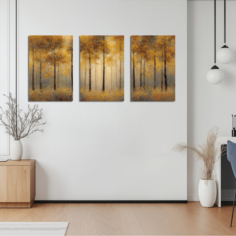 Ensemble de 3 tableaux sur toile représentant un paysage de forêt d'automne, H 18 po x l 36 po