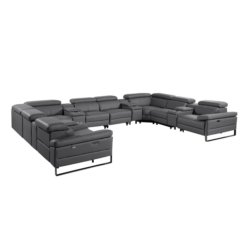 Top Grain Italian Leather 12-Piece U-Shaped Modular Power Reclining Sectional With 4 Power Recliners & Power Headrests